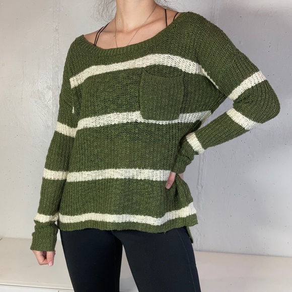 Army Green + White Striped Knit Wide Neck Flowy Sweater - Picture 3 of 9